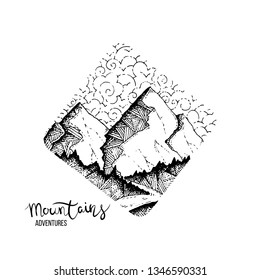 Hand drawn image of a mountain peak, engraving style, grunge textured vector illustrations