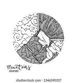 Hand drawn image of a mountain peak, engraving style, grunge textured vector illustrations