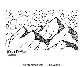 Hand drawn image of a mountain peak, engraving style, grunge textured vector illustrations