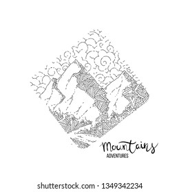 Hand drawn image of a mountain peak, engraving style, grunge textured vector illustrations