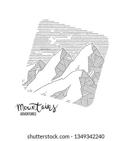 Hand drawn image of a mountain peak, engraving style, grunge textured vector illustrations