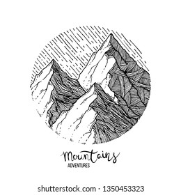 Hand drawn image of a mountain peak, engraving style, grunge textured vector illustrations