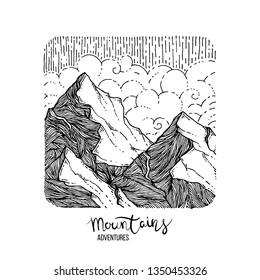 Hand drawn image of a mountain peak, engraving style, grunge textured vector illustrations