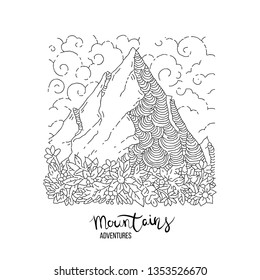 Hand drawn image of a mountain peak, engraving style, grunge textured vector illustrations with flowers