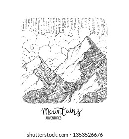 Hand drawn image of a mountain peak, engraving style, grunge textured vector illustrations