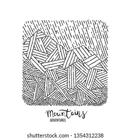 Hand drawn image of a mountain peak, engraving style, grunge textured vector illustrations