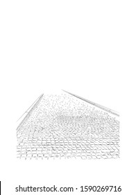 Hand drawn image of paving stones, sidewalk, small gray bricks, sketch.