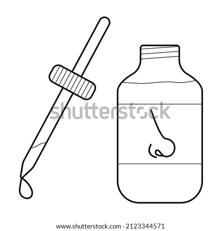 Hand drawn image of a pipette and a jar with nose drops. Remedy for a runny nose