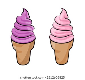 Hand drawn image of strawberry and purple soft serve ice cream in a waffle cone on a transparent background. Minimalistic flat vector