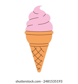 Hand drawn image of strawberry soft serve ice cream in a waffle cone on a transparent background. Minimalistic flat vector illustration EPS10