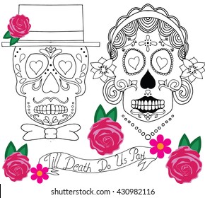 Hand drawn image of a sugar skull ready for a wedding with vector flowers