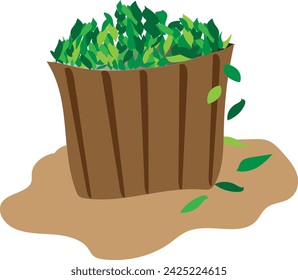 imagen dibujada a mano de un cubo de basura lleno de hojarasca