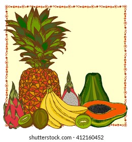 Hand drawn image of tropical fruits set (pineapple, kiwi, papaya, pitahaya,banana).Vector colored illustration.