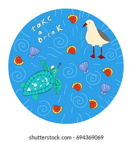 Hand drawn image of turtle, seagull and shells