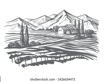 hand drawn image of village and landscape