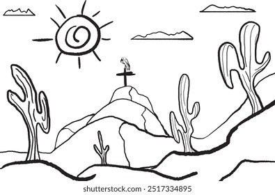 Hand drawn image of a vulture on a cross atop a hill in a desert landscape