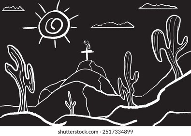 Imagem desenhada à mão de um urubu em uma cruz sobre uma colina em uma paisagem de deserto