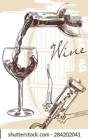 Hand drawn image of wine bottle with glass and corkscrew on background with cask