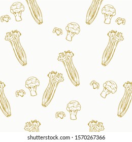 Hand drawn images of celery and broccoli. Pattern on white, isolated background.