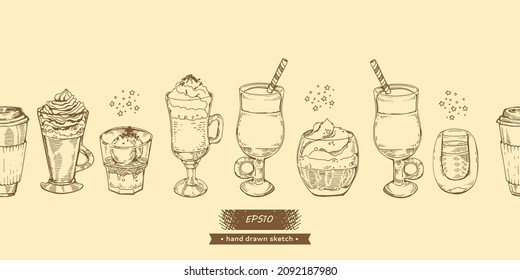 Imágenes tomadas a mano de bebidas de café y postres. Ilustración vectorial.