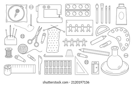 Hand drawn images of crafts and hobbies. Creative activities for development