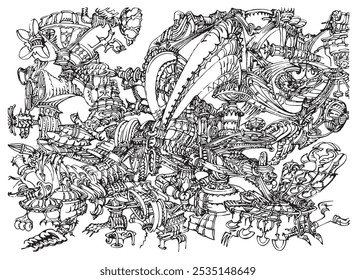 Máquina imaginaria dibujada a mano, artilugio dibujado a mano alzada