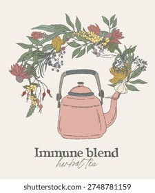 Hand drawn immune herbal blend wreath with teapot illustration. Features mullein; garlic; echinacea; rosehip; ginger; turmeric; elderberry in a muted color palette. Suitable for tea packaging, labels and wellness branding.