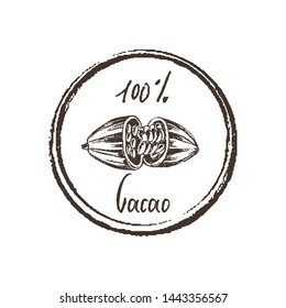Hand drawn imprint. Cacao beans 100% cacao .Chalk style vector