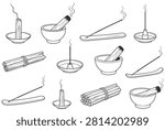 Hand Drawn Incense Stick Candle and Smudging Set Black and White Outline Collection.