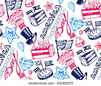 Hand drawn Independence Day of America. 4th of July. Template for prints, textiles, wrapping, wallpaper, website etc. Pattern vector with american symbols. Stock vector illustration