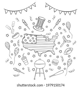 Hand drawn Independence Day icon set in doodle style. 4th of July icon. United States of America day. Vector illustration isolated on white background.