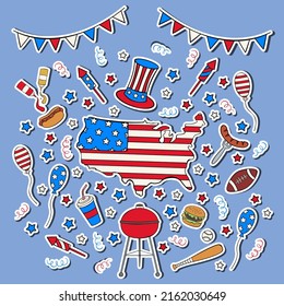 Hand drawn Independence Day 
sticker set in doodle style. 4th of July stickers. United States of America day. Vector illustration isolated on white background.