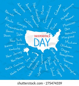 Hand drawn Independence day USA map with handwritten state names on blue crumpled paper