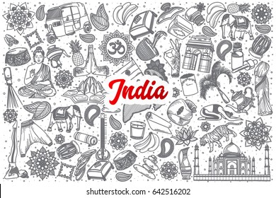 Hand drawn India doodle set background with red lettering in vector