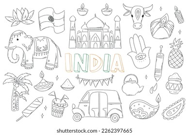 Hand drawn India doodles, clip art, cartoon elements isolated on white background. Print, coloring book, scrapbooking, stationary, stickers, sublimation design. EPS 10