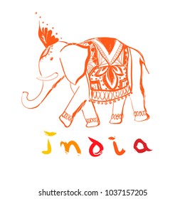 Hand drawn India style illustration with text. Vector decorative elephant.