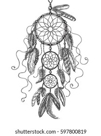 Hand Drawn Indian Amulet Dream Catcher. Monochrome dreamcatcher with  feathers isolated on white. Vector sketch.