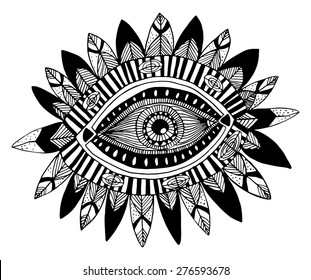 Hand drawn indian aztec tribal eye with feathers fashion illustration