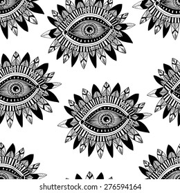 Hand Drawn Indian Aztec Tribal Eye With Feathers Fashion Seamless Pattern