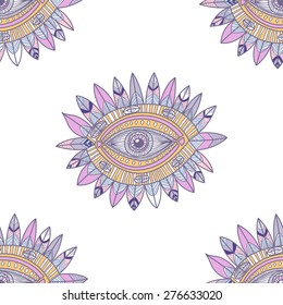 Hand drawn indian aztec tribal eye with feathers fashion seamless pattern