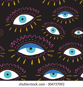 Hand drawn indian aztec tribal eye with feathers fashion seamless pattern.