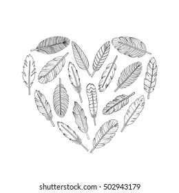 Hand drawn indian boho feathers composed in heart shape on white background.