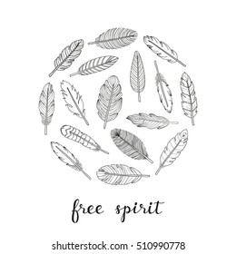 Hand drawn indian boho feathers composed in circle shape with lettering.