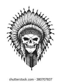Hand drawn Indian chief skull wearing traditional feathered war bonnet. Vector illustration