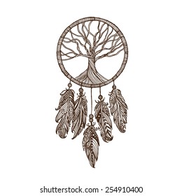 Hand drawn Indian dream catcher withe feathers and decorative tree