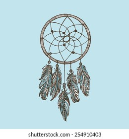 Hand Drawn Indian Dream Catcher. Blue Background