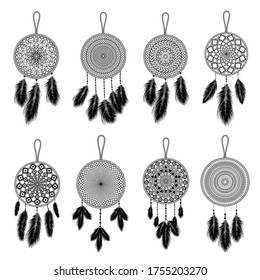 Hand drawn indian dreamcatcher with feathers. Vector illustration. Ethnic design, boho chic, tribal symbol.
