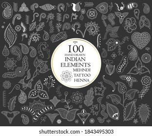 Hand drawn indian elements mehndi flowers and paisley elements isolated set. Each element is on the separate layer