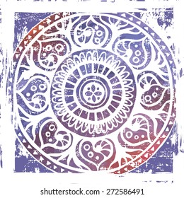 Hand drawn  indian ethnic  mandala on watercolor background. All objects are conveniently grouped  and are easily editable.