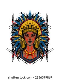 Hand drawn indian female head vector tribal theme with native american women ethnic girl